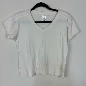 Adidas White Knit V Neck Short Sleeve Cropped Crop Top Jersey Stripes Summer